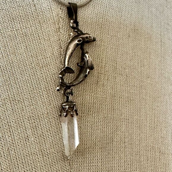 STERLING silver  double DOLPHIN  pointed quartz crystal Pendant necklace - Picture 4 of 12